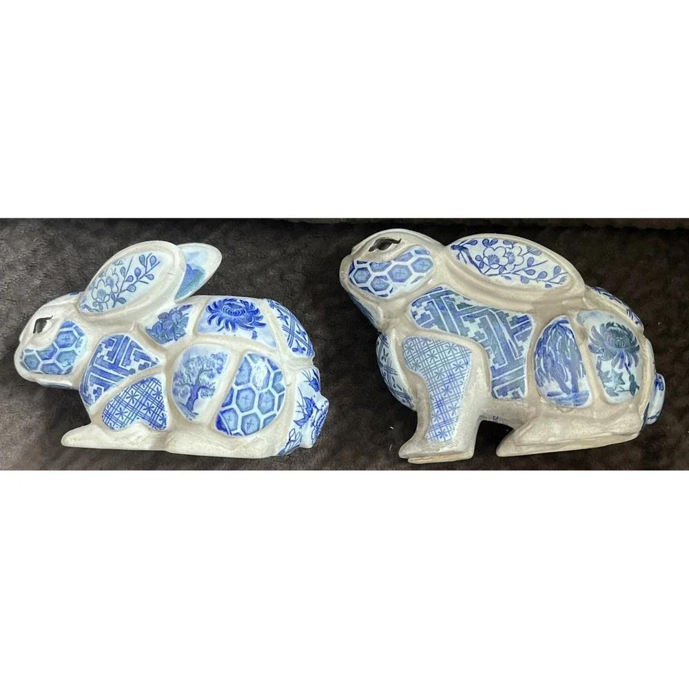 Nancy Lopez Vintage Blue Mosaic Rabbit/ Bunny Candleholder Set 1980 EUC